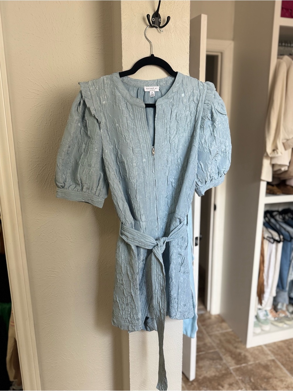 Current Air Light Blue Textured Tie-Waist romper